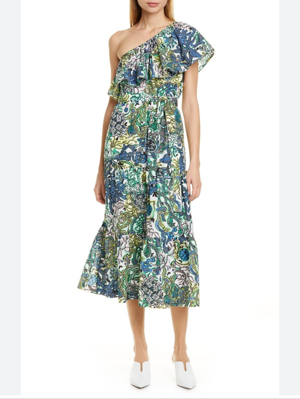 A.L.C. Janelle Blue Ocean Print One Shoulder Silk Midi Dress Size S